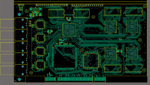 The design is the layout or physical representation of the PCB schematic, including the layout of copper traces and holes